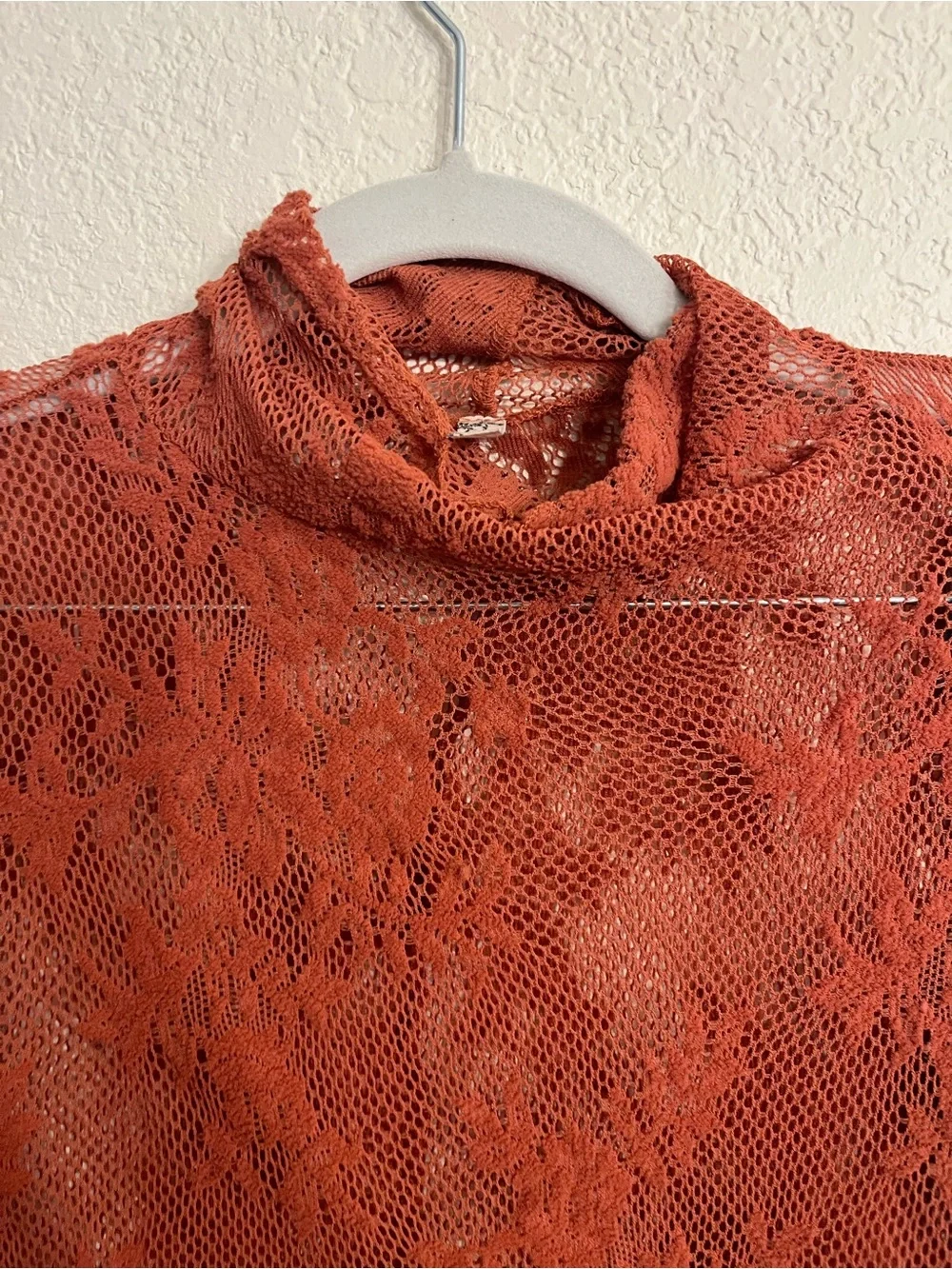 Free People Sheer Lace Mock Neck Long Sleeve layering Top - Rust Orange
